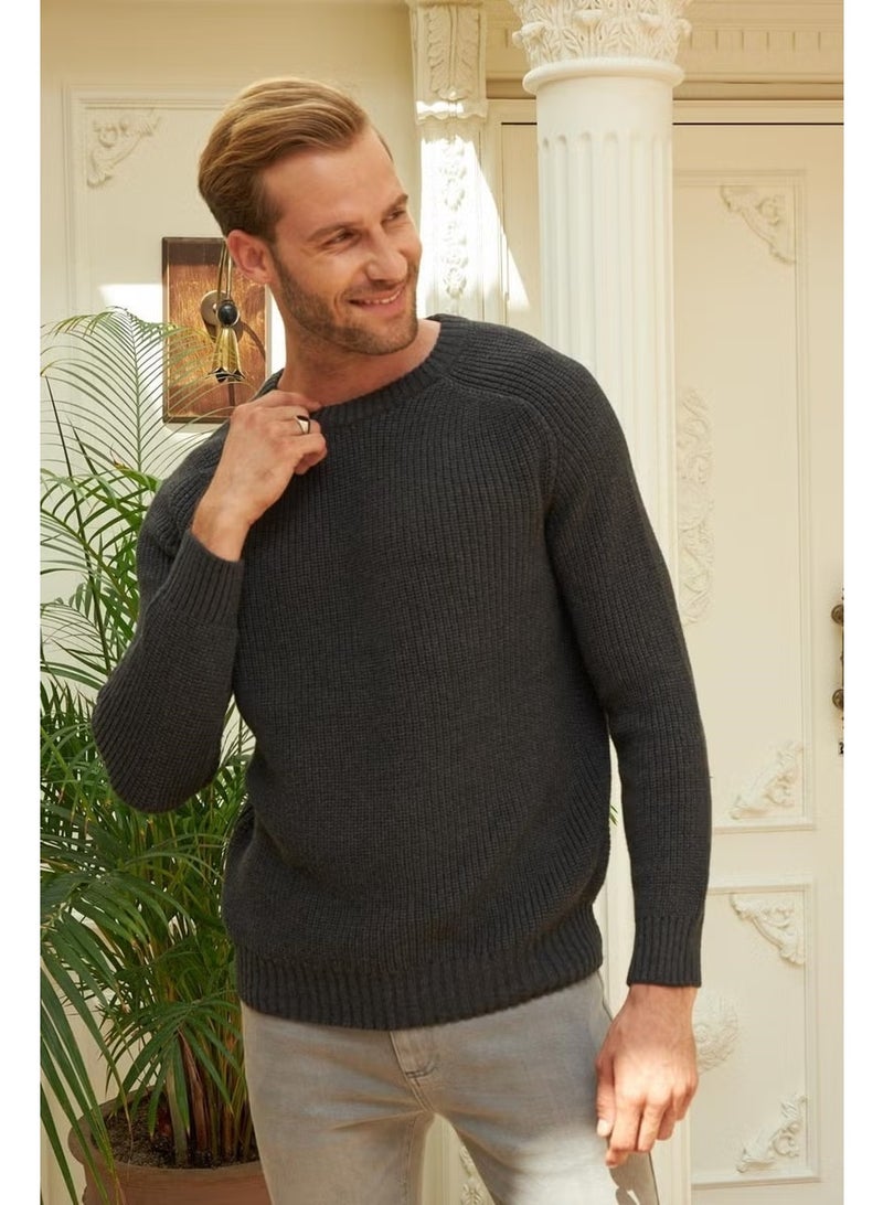 Odelon Crew Neck Selanik Knitted Cotton Men's Anthracite Knitwear Sweater - Image 3